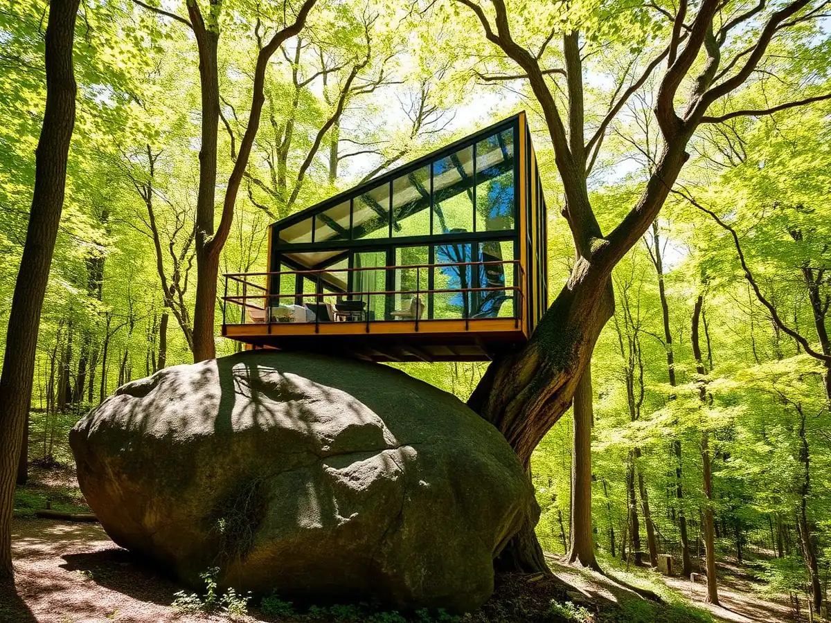 Modern glass treehouse cabin perched on a large boulder in a green forest