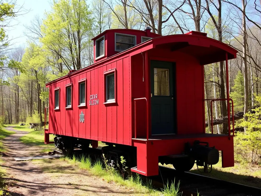 Restored red train caboose converted into a vacation rental in a forest