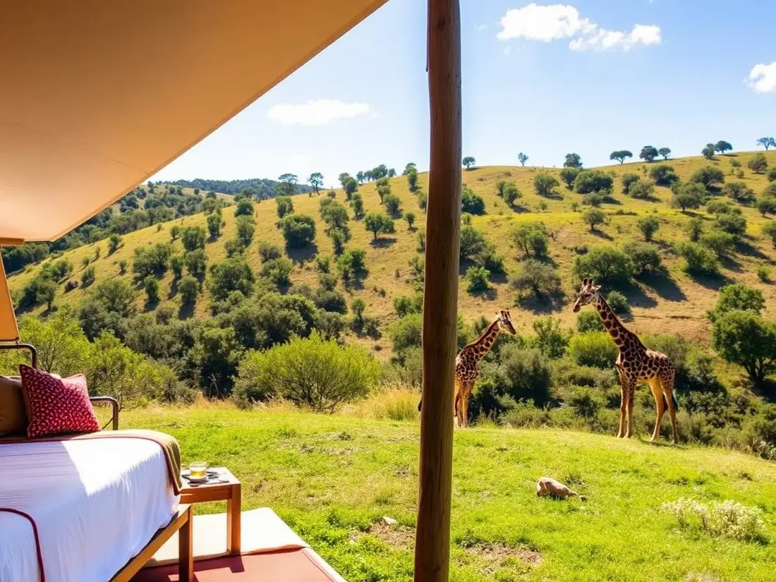 Safari glamping tent overlooking a hillside with giraffes