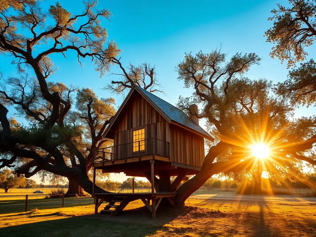 Wooden treehouse cabin on a California farm at golden hour