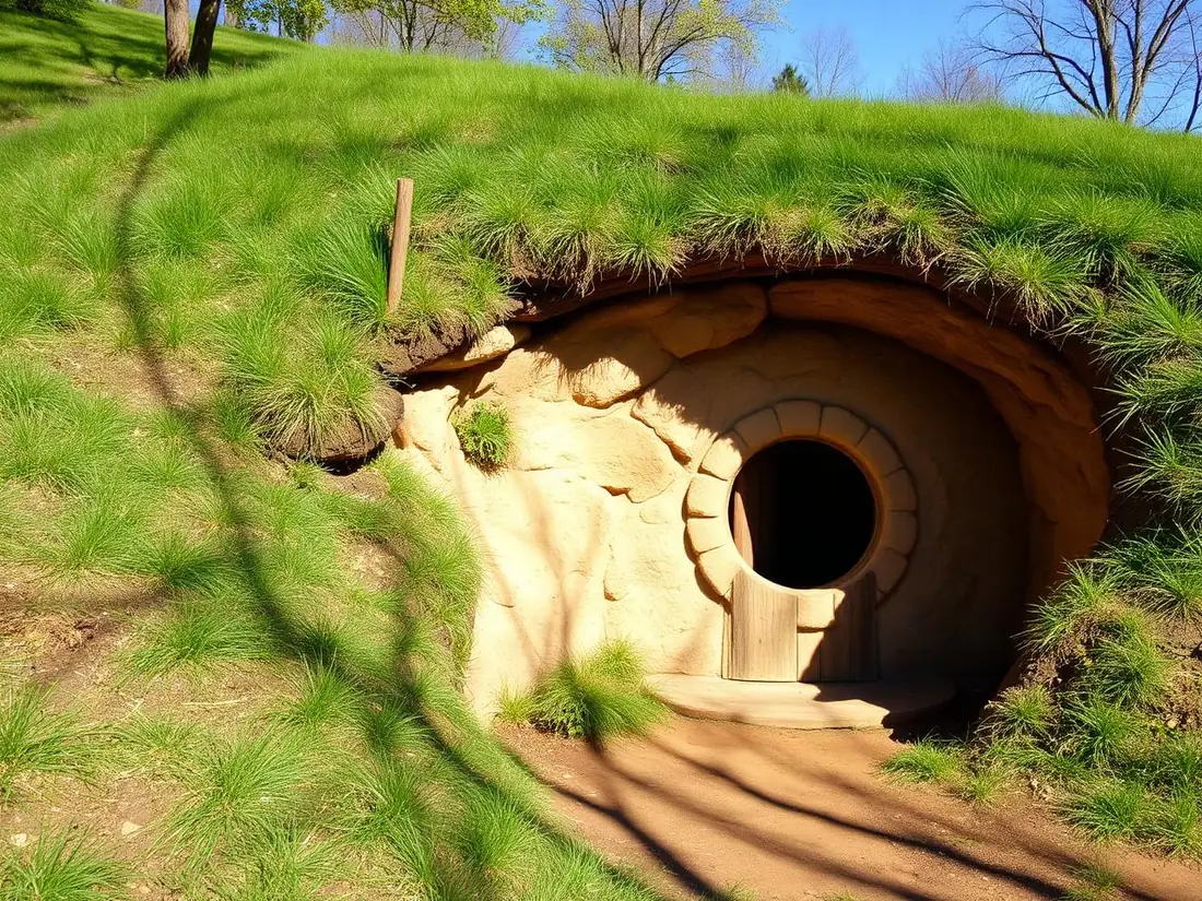 Underground earth cabin built into a grassy hillside with a round door